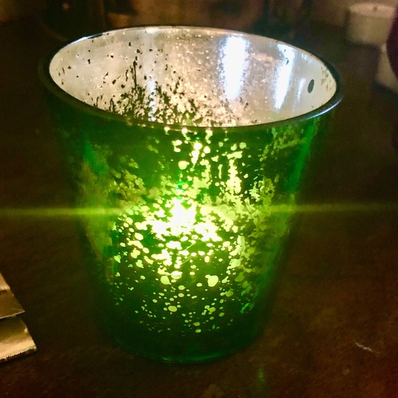 Set of 2 Green Mercury Glass Candle Holders for Votives, Tealights, Christmas - Picture 2 of 8